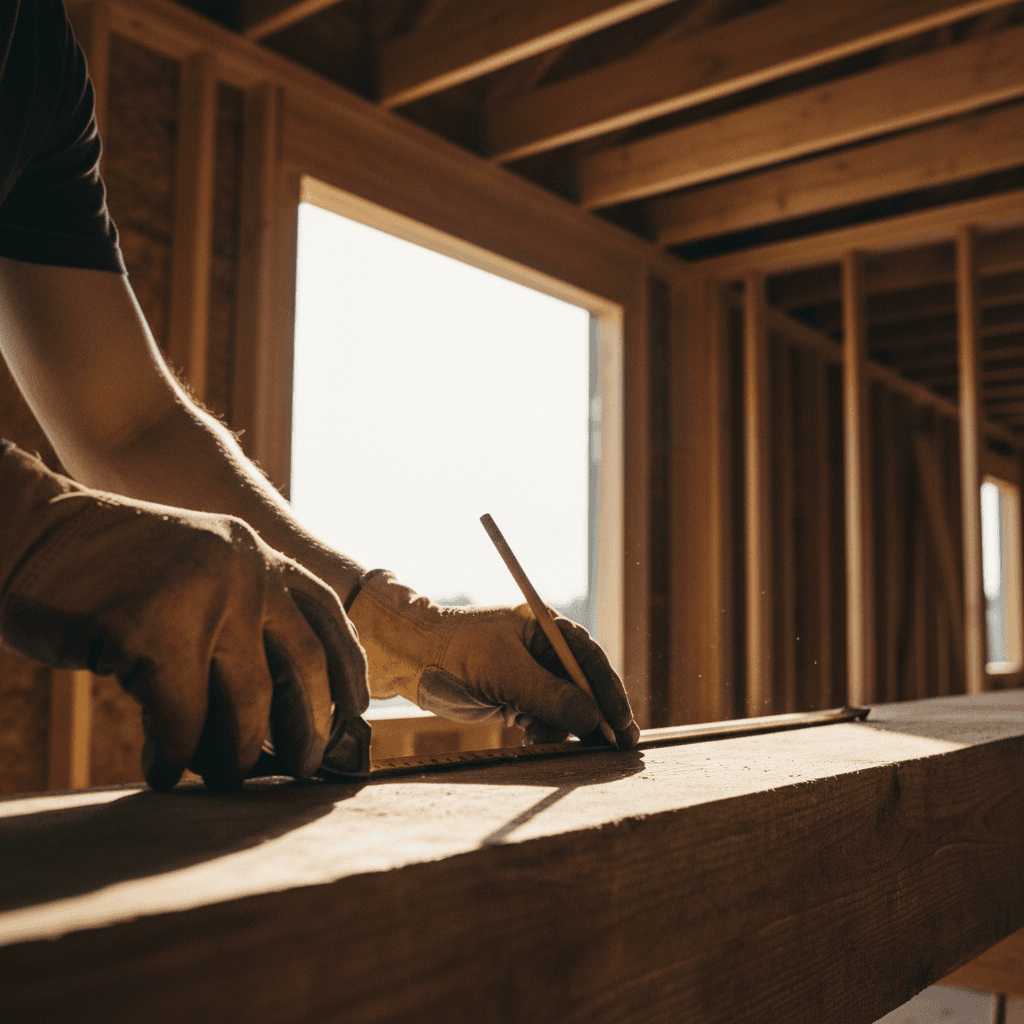 Skilled carpenter measuring and marking wooden framing on a residential construction site