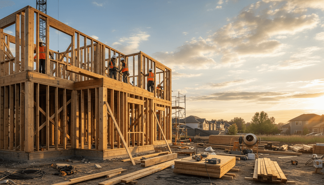 Construction workers framing a residential home in Nashua, demonstrating active frame-to-finish building process